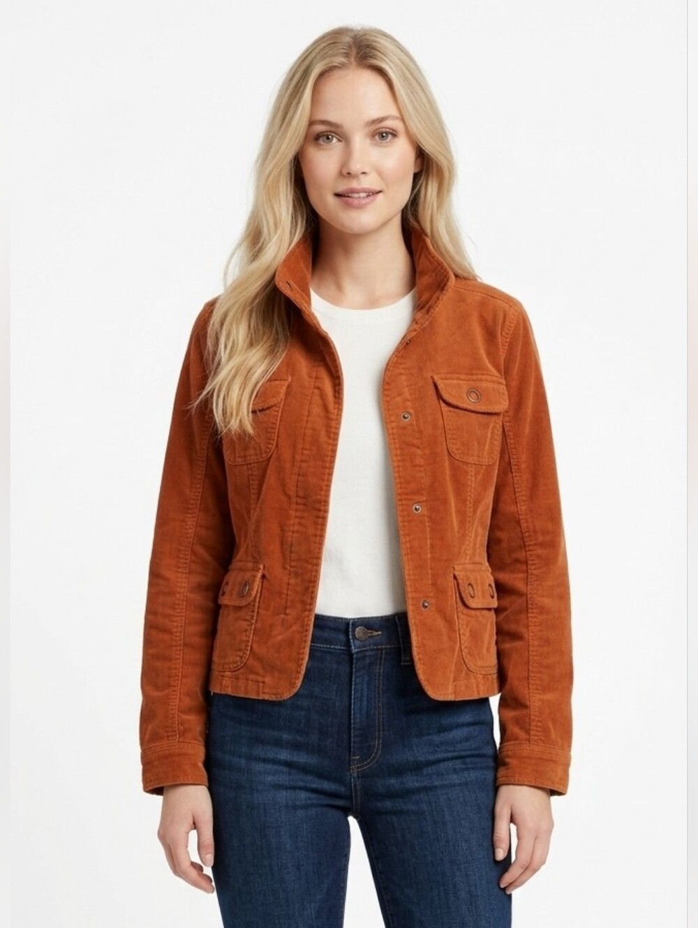 AMI Orange Corduroy Jacket Cotton Stretch Long Sleeve Collar Pockets Sz XL